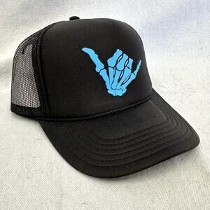 Otto black/blue skeleton hang loose Shaka graphic mesh trucker Snapback hat NWOT